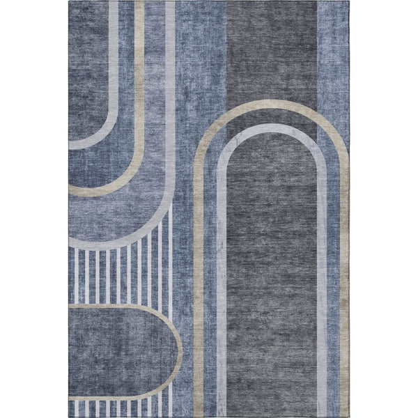 HomeRoots 5' X 8' Navy Blue and Khaki Geometric Area Rug – Washable, UV Protected, Modern Design for Any Space 647910