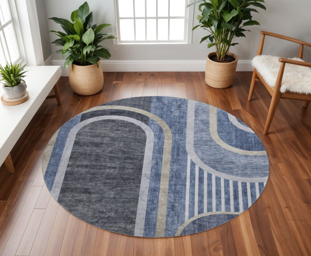HomeRoots 8' Navy Blue & Khaki Geometric Round Rug - Washable, UV-Protected, Ideal for Busy Homes & Pets! 647911