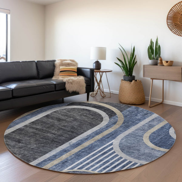 HomeRoots 8' Navy Blue & Khaki Geometric Round Rug - Washable, UV-Protected, Ideal for Busy Homes & Pets! 647911