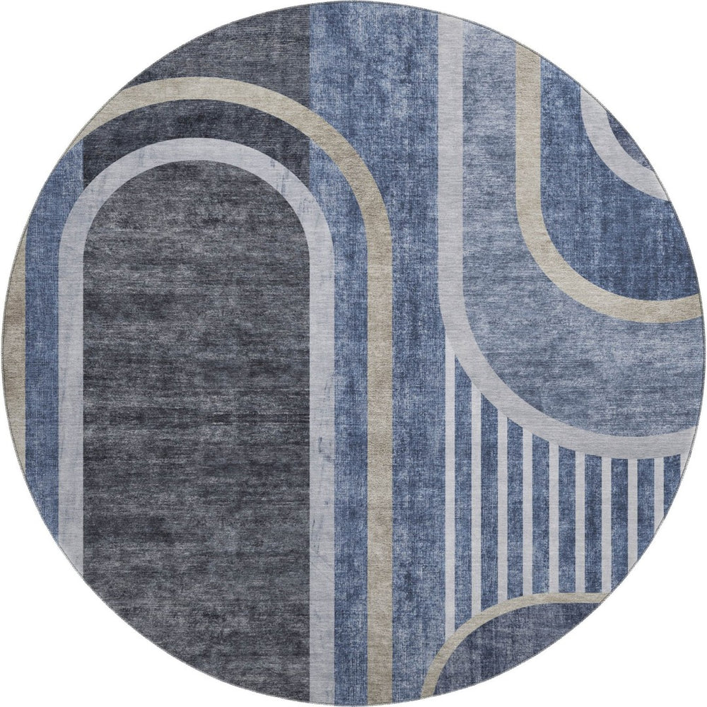 HomeRoots 8' Navy Blue & Khaki Geometric Round Rug - Washable, UV-Protected, Ideal for Busy Homes & Pets! 647911