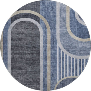 HomeRoots 8' Navy Blue & Khaki Geometric Round Rug - Washable, UV-Protected, Ideal for Busy Homes & Pets! 647911