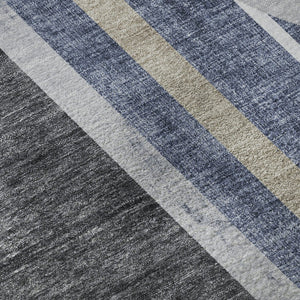 HomeRoots 8' Navy Blue & Khaki Geometric Round Rug - Washable, UV-Protected, Ideal for Busy Homes & Pets! 647911
