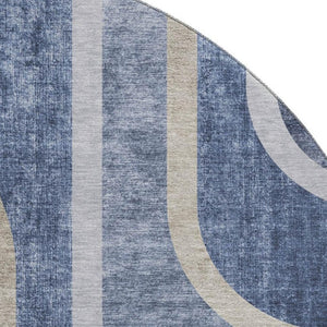 HomeRoots 8' Navy Blue & Khaki Geometric Round Rug - Washable, UV-Protected, Ideal for Busy Homes & Pets! 647911