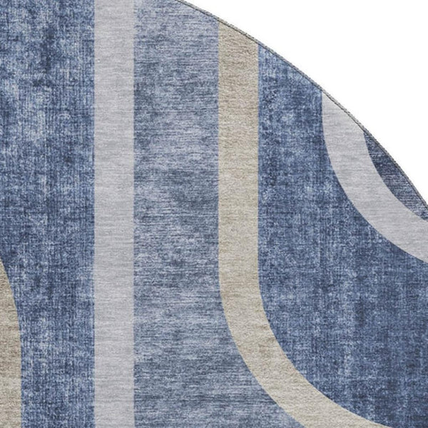 HomeRoots 8' Navy Blue & Khaki Geometric Round Rug - Washable, UV-Protected, Ideal for Busy Homes & Pets! 647911