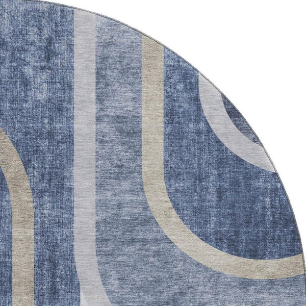 HomeRoots 8' Navy Blue & Khaki Geometric Round Rug - Washable, UV-Protected, Ideal for Busy Homes & Pets! 647911