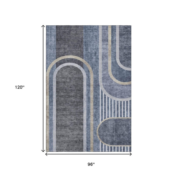 HomeRoots 8' X 10' Navy Blue & Khaki Geometric Area Rug - Washable, UV Protected, Modern & Pet-Friendly Design 647912