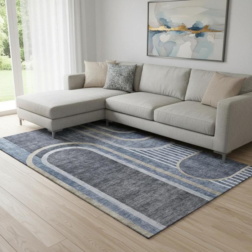 HomeRoots 8' X 10' Navy Blue & Khaki Geometric Area Rug - Washable, UV Protected, Modern & Pet-Friendly Design 647912