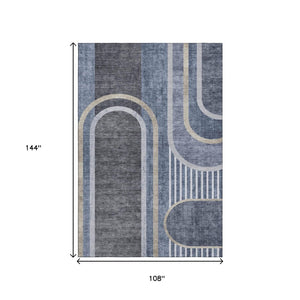 HomeRoots 9' X 12' Navy Blue & Khaki Geometric Area Rug - Washable, UV-Protected, Stylish for High-Traffic Spaces 647913