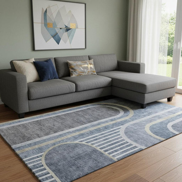 HomeRoots 9' X 12' Navy Blue & Khaki Geometric Area Rug - Washable, UV-Protected, Stylish for High-Traffic Spaces 647913