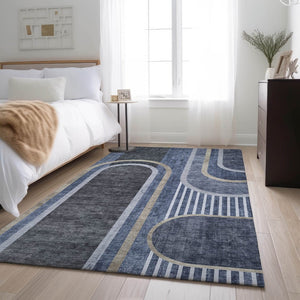 HomeRoots 9' X 12' Navy Blue & Khaki Geometric Area Rug - Washable, UV-Protected, Stylish for High-Traffic Spaces 647913