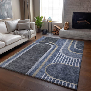 HomeRoots 9' X 12' Navy Blue & Khaki Geometric Area Rug - Washable, UV-Protected, Stylish for High-Traffic Spaces 647913