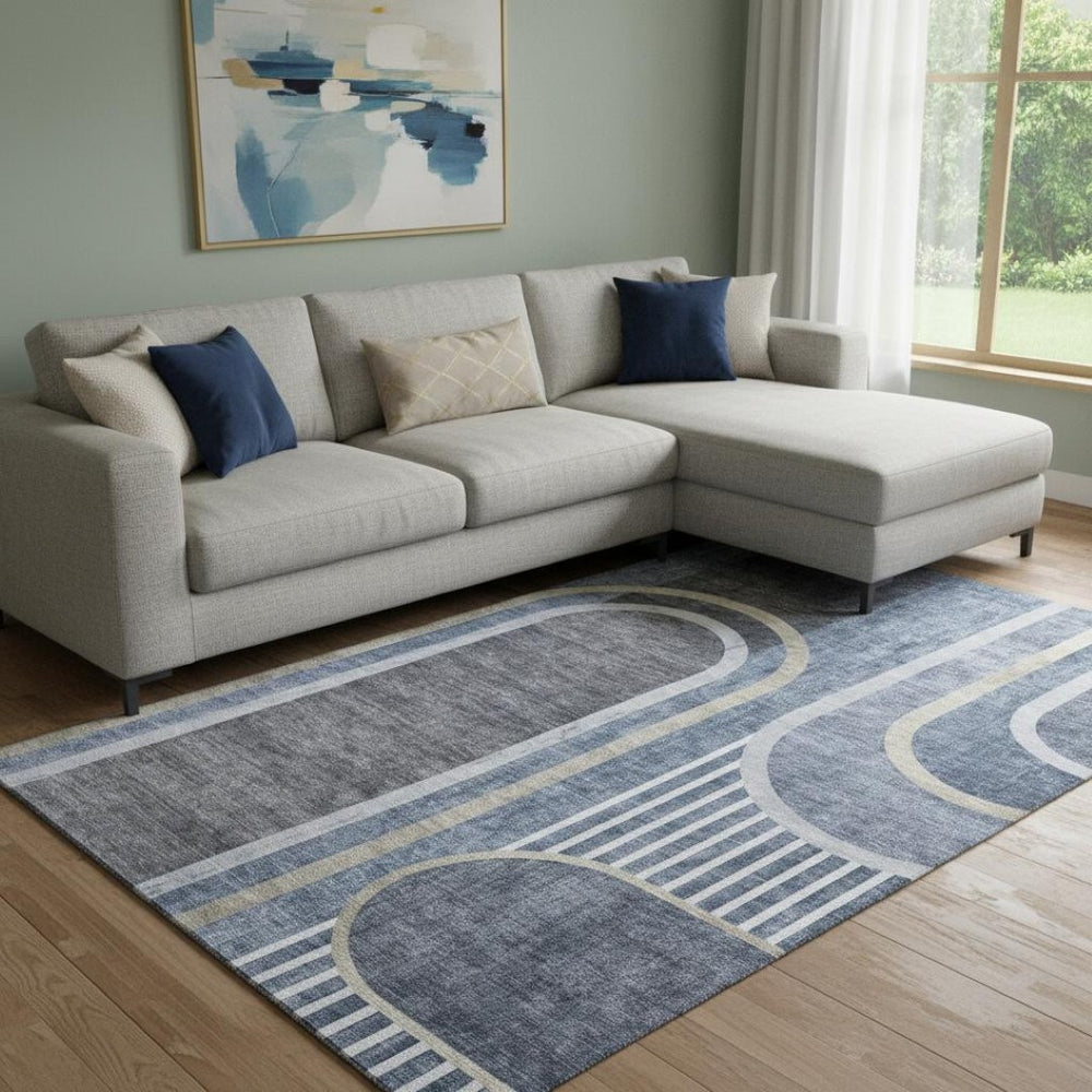 HomeRoots 10' X 14' Navy Blue & Khaki Geometric Washable Area Rug - UV Protected, Durable, Stylish Comfort 647914