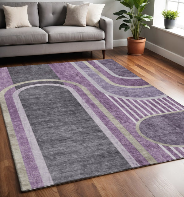 HomeRoots 5' X 8' Modern Purple & Khaki Geometric Washable Area Rug with UV Protection for High-Traffic Rooms 647916