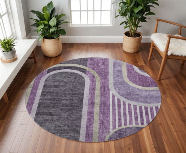 HomeRoots 8' Vibrant Purple & Khaki Geometric Washable Round Rug with UV Protection for Modern Living Spaces 647917