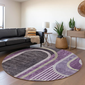 HomeRoots 8' Vibrant Purple & Khaki Geometric Washable Round Rug with UV Protection for Modern Living Spaces 647917