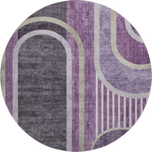 HomeRoots 8' Vibrant Purple & Khaki Geometric Washable Round Rug with UV Protection for Modern Living Spaces 647917