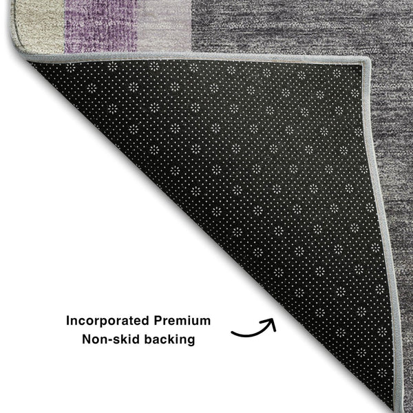 HomeRoots 8' Vibrant Purple & Khaki Geometric Washable Round Rug with UV Protection for Modern Living Spaces 647917