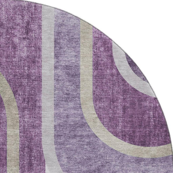 HomeRoots 8' Vibrant Purple & Khaki Geometric Washable Round Rug with UV Protection for Modern Living Spaces 647917