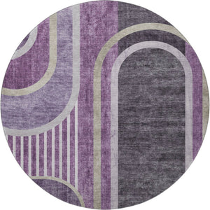 HomeRoots 8' Vibrant Purple & Khaki Geometric Washable Round Rug with UV Protection for Modern Living Spaces 647917