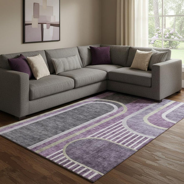 HomeRoots 9' X 12' Purple Khaki Geometric Area Rug - Washable, UV Protected, Durable for Modern Living Spaces 647919