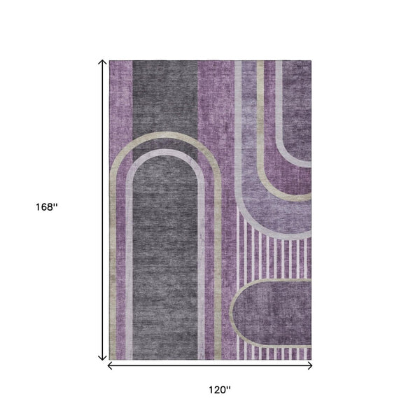 HomeRoots 10' X 14' Washable Purple & Khaki Geometric Area Rug with UV Protection for Modern Living Spaces 647920