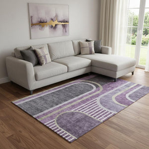 HomeRoots 10' X 14' Washable Purple & Khaki Geometric Area Rug with UV Protection for Modern Living Spaces 647920