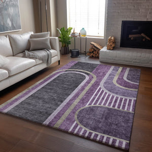 HomeRoots 10' X 14' Washable Purple & Khaki Geometric Area Rug with UV Protection for Modern Living Spaces 647920