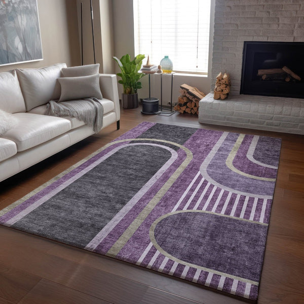 HomeRoots 10' X 14' Washable Purple & Khaki Geometric Area Rug with UV Protection for Modern Living Spaces 647920