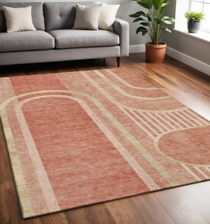 HomeRoots 5' X 8' Salmon & Beige Geometric Washable Area Rug with UV Protection – Durable & Stylish Home Accent 647922