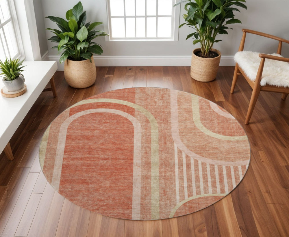 HomeRoots 8' Salmon and Beige Geometric Round Rug - Washable, UV-Protected, Stain-Resistant for Any Space 647923