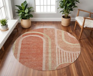 HomeRoots 8' Salmon and Beige Geometric Round Rug - Washable, UV-Protected, Stain-Resistant for Any Space 647923