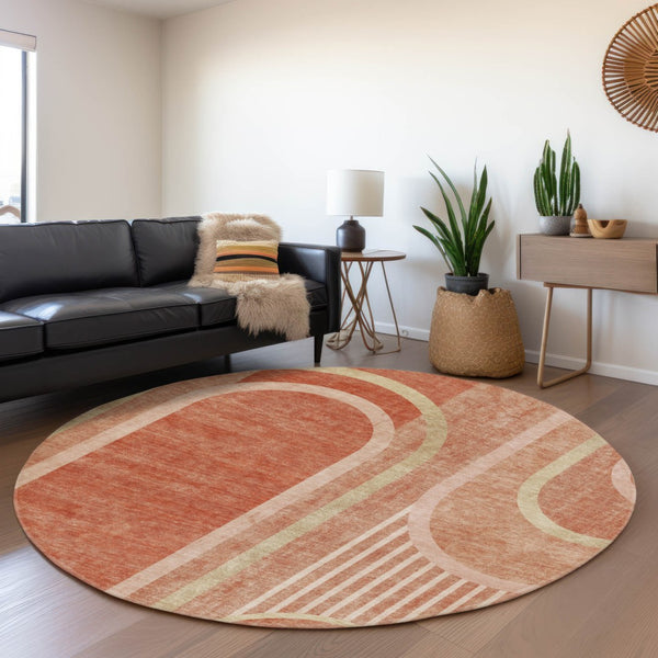 HomeRoots 8' Salmon and Beige Geometric Round Rug - Washable, UV-Protected, Stain-Resistant for Any Space 647923