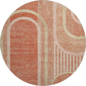 HomeRoots 8' Salmon and Beige Geometric Round Rug - Washable, UV-Protected, Stain-Resistant for Any Space 647923