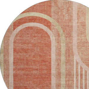 HomeRoots 8' Salmon and Beige Geometric Round Rug - Washable, UV-Protected, Stain-Resistant for Any Space 647923