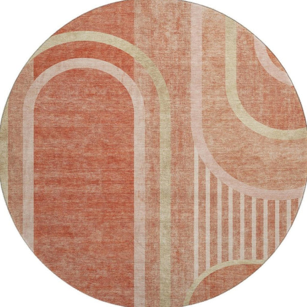 HomeRoots 8' Salmon and Beige Geometric Round Rug - Washable, UV-Protected, Stain-Resistant for Any Space 647923