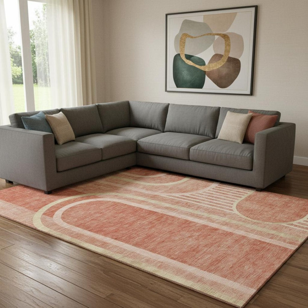 HomeRoots 8' X 10' Salmon and Beige Geometric Washable Area Rug with UV Protection for Modern Spaces 647924