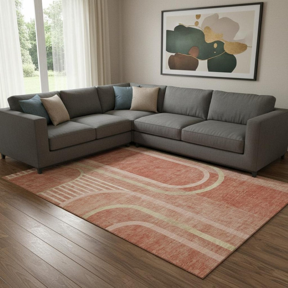 HomeRoots 9' X 12' Salmon and Beige Geometric Area Rug - Durable, Washable, Stain-Resistant with UV Protection 647925
