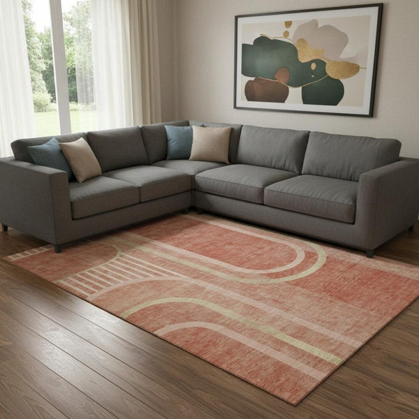 HomeRoots 9' X 12' Salmon and Beige Geometric Area Rug - Durable, Washable, Stain-Resistant with UV Protection 647925