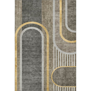 HomeRoots 5' X 8' Taupe and Gold Geometric Area Rug - Washable, UV-Protected, and Stain-Resistant Design 647928