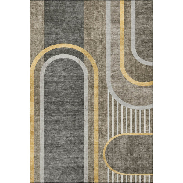 HomeRoots 5' X 8' Taupe and Gold Geometric Area Rug - Washable, UV-Protected, and Stain-Resistant Design 647928