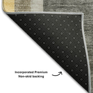 HomeRoots 5' X 8' Taupe and Gold Geometric Area Rug - Washable, UV-Protected, and Stain-Resistant Design 647928