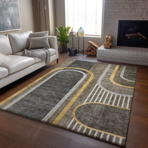 HomeRoots 5' X 8' Taupe and Gold Geometric Area Rug - Washable, UV-Protected, and Stain-Resistant Design 647928