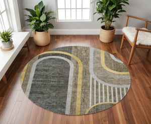 HomeRoots 8' Taupe and Gold Geometric Round Rug - Washable, UV Protected, Stylish & Durable for Any Space! 647929