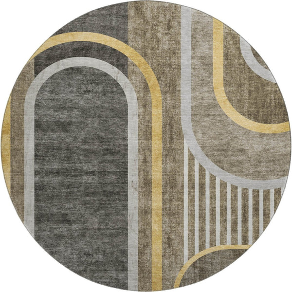 HomeRoots 8' Taupe and Gold Geometric Round Rug - Washable, UV Protected, Stylish & Durable for Any Space! 647929