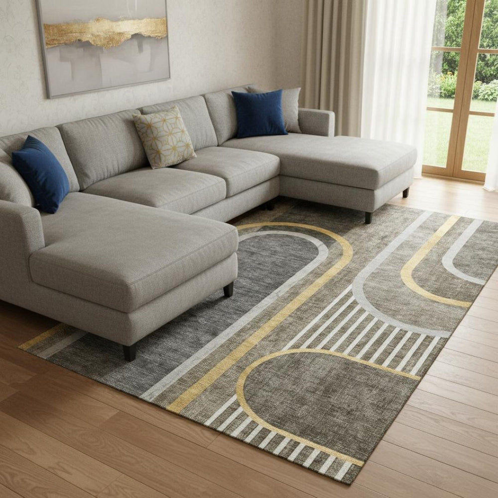 HomeRoots 8' X 10' Taupe and Gold Geometric Area Rug - Stylish, Washable, UV-Protected for Modern Homes 647930