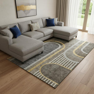 HomeRoots 9' X 12' Taupe and Gold Geometric Area Rug – Durable, Washable, UV-Protected for Stylish Living Spaces 647931