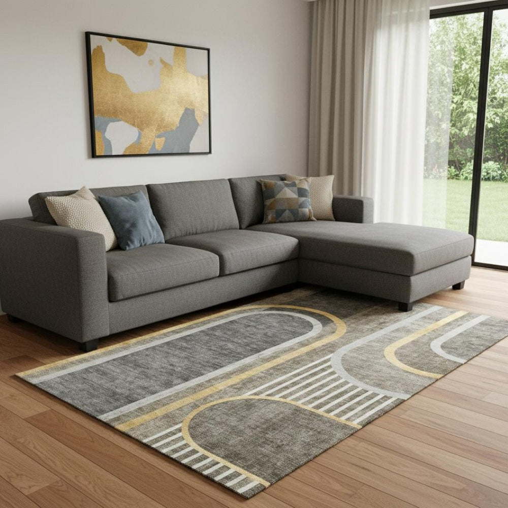HomeRoots 10' X 14' Taupe & Gold Geometric Area Rug - Washable, UV Protected, Perfect for Modern Living Spaces! 647932