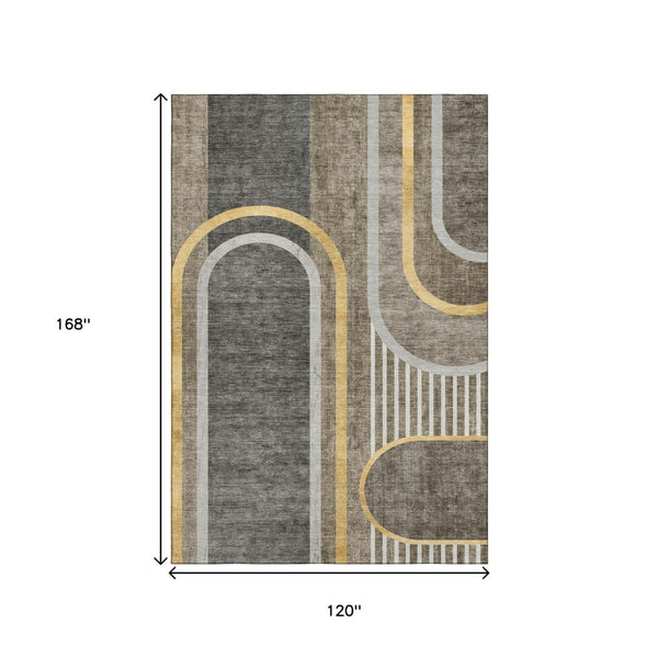HomeRoots 10' X 14' Taupe & Gold Geometric Area Rug - Washable, UV Protected, Perfect for Modern Living Spaces! 647932