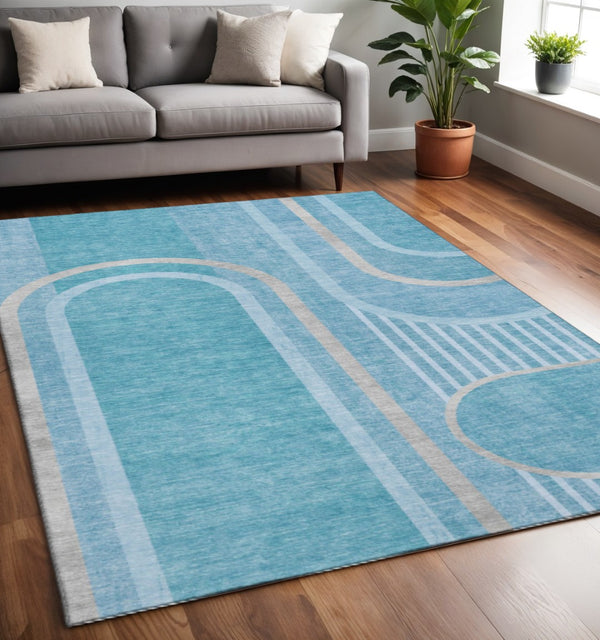 HomeRoots 5' X 8' Teal and Khaki Geometric Area Rug - Stylish, Washable, UV-Protected for High-Traffic Spaces! 647934
