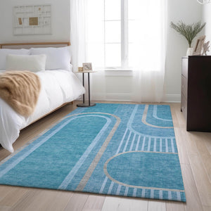 HomeRoots 5' X 8' Teal and Khaki Geometric Area Rug - Stylish, Washable, UV-Protected for High-Traffic Spaces! 647934